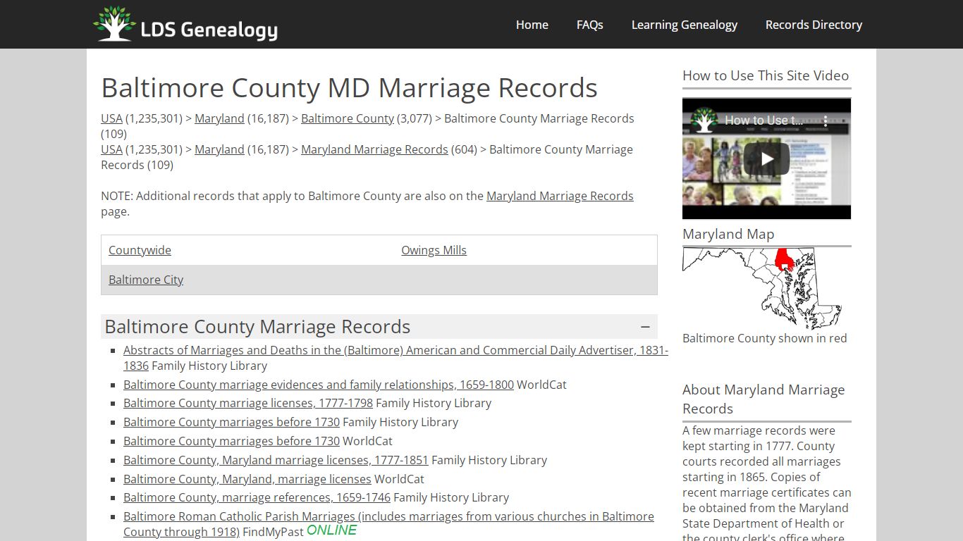 Baltimore County MD Marriage Records - LDS Genealogy